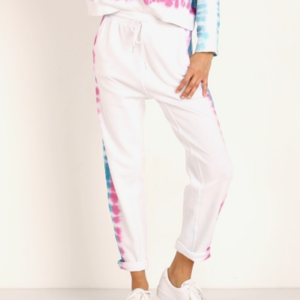 L*Space Sunset Beach Sweatpants Tie Dye Cuffed Drawstring White Blue Pink XS